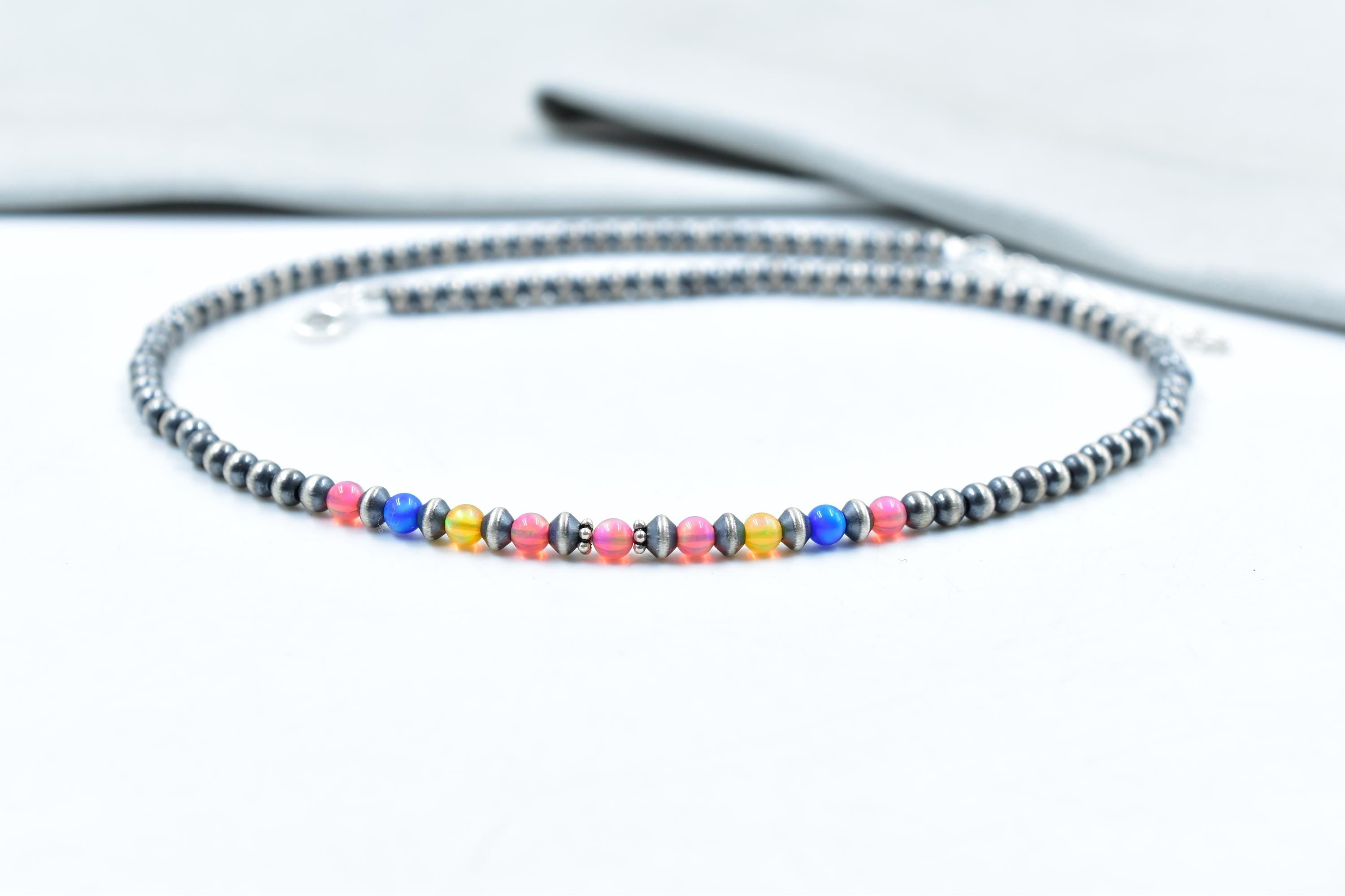 Handmade Balloon Opal & Sterling Silver Pearl 4mm Beaded Necklace 16'' Long