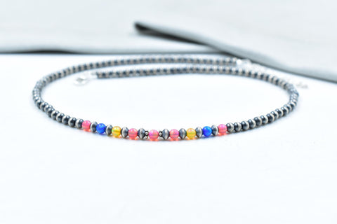 Handmade Balloon Opal & Sterling Silver Pearl 4mm Beaded Necklace 16'' Long