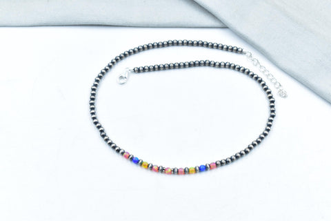 Handmade Balloon Opal & Sterling Silver Pearl 4mm Beaded Necklace 16'' Long