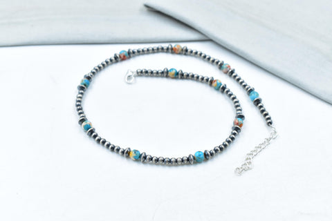 Handmade Spiny Oyster Turquoise & Sterling Silver Pearl 4mm Beaded Necklace 16'' Long