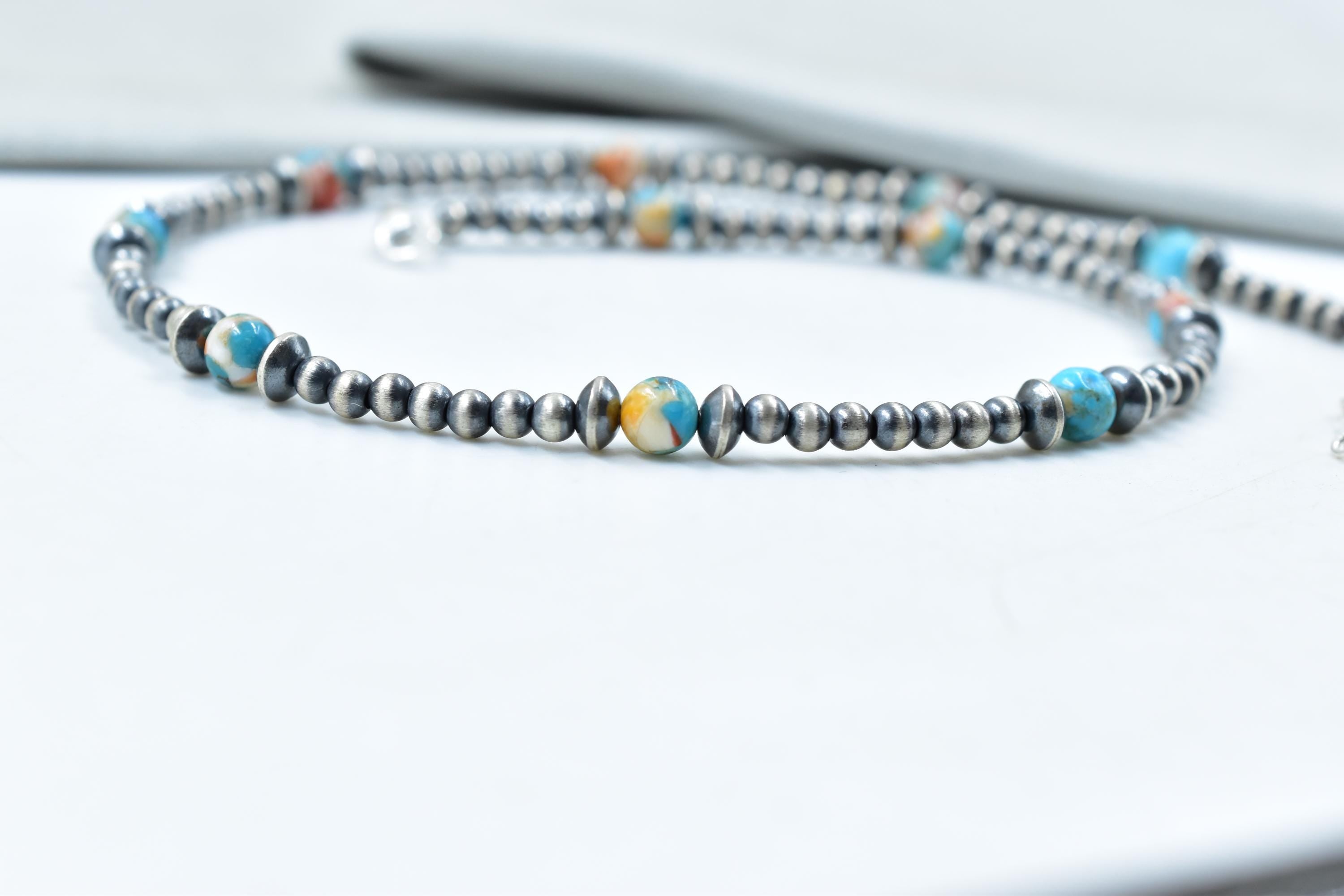 Handmade Spiny Oyster Turquoise & Sterling Silver Pearl 4mm Beaded Necklace 16'' Long