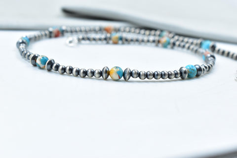 Handmade Spiny Oyster Turquoise & Sterling Silver Pearl 4mm Beaded Necklace 16'' Long