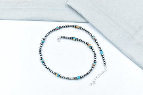 Handmade Spiny Oyster Turquoise & Sterling Silver Pearl 4mm Beaded Necklace 16'' Long