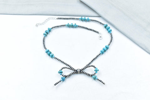 Handmade 3MM Sterling Silver Pearl Beaded Bow Necklace 16'' Long