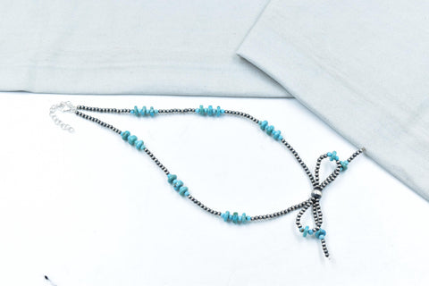 Handmade 3MM Sterling Silver Pearl Beaded Bow Necklace 16'' Long