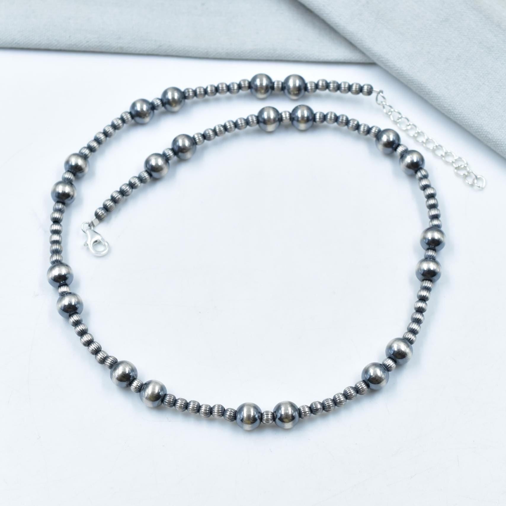Handmade 8MM & 4MM Sterling Silver Pearl Beaded Necklace 18'' Long