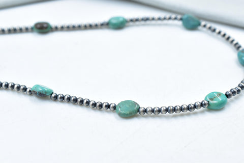 Handmade Turquoise & Sterling Silver Pearl 3mm Beaded Necklace 16'' Long