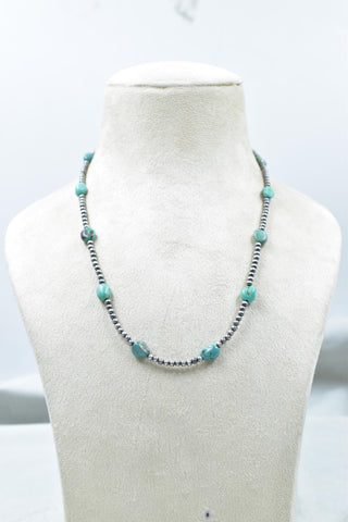 Handmade Turquoise & Sterling Silver Pearl 3mm Beaded Necklace 16'' Long