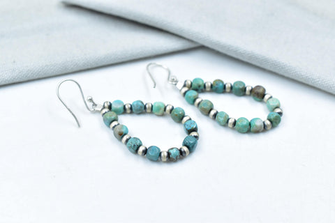 Handmade Turquoise Sterling Silver Pearls Beaded & Dangle Hoop Earrings