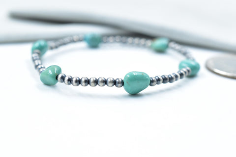 Handmade Turquoise Sterling Silver Pearls 3MM Beaded Stretch Bracelet