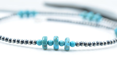Handmade Turquoise & Sterling Silver Pearl 3mm Beaded Necklace 16'' Long