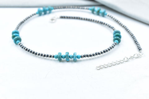 Handmade Turquoise & Sterling Silver Pearl 3mm Beaded Necklace 16'' Long
