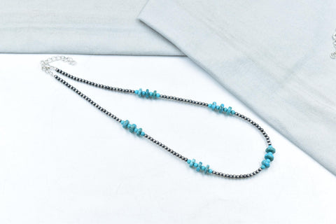 Handmade Turquoise & Sterling Silver Pearl 3mm Beaded Necklace 16'' Long