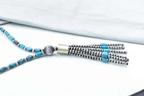 Handmade Turquoise & Sterling Silver Pearl Beaded Necklace 16'' Long