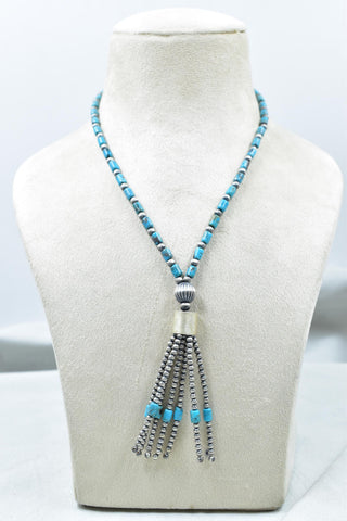 Handmade Turquoise & Sterling Silver Pearl Beaded Necklace 16'' Long
