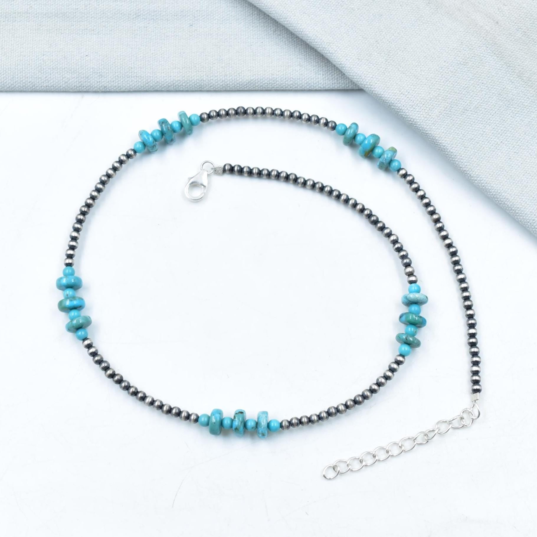 Handmade Turquoise & Sterling Silver Pearl 3mm Beaded Necklace 16'' Long