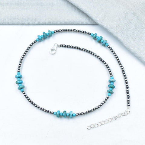 Handmade Turquoise & Sterling Silver Pearl 3mm Beaded Necklace 16'' Long