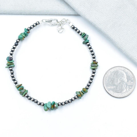 Handmade Turquoise Sterling Silver Pearls 3MM Beaded Adjustable Bracelet