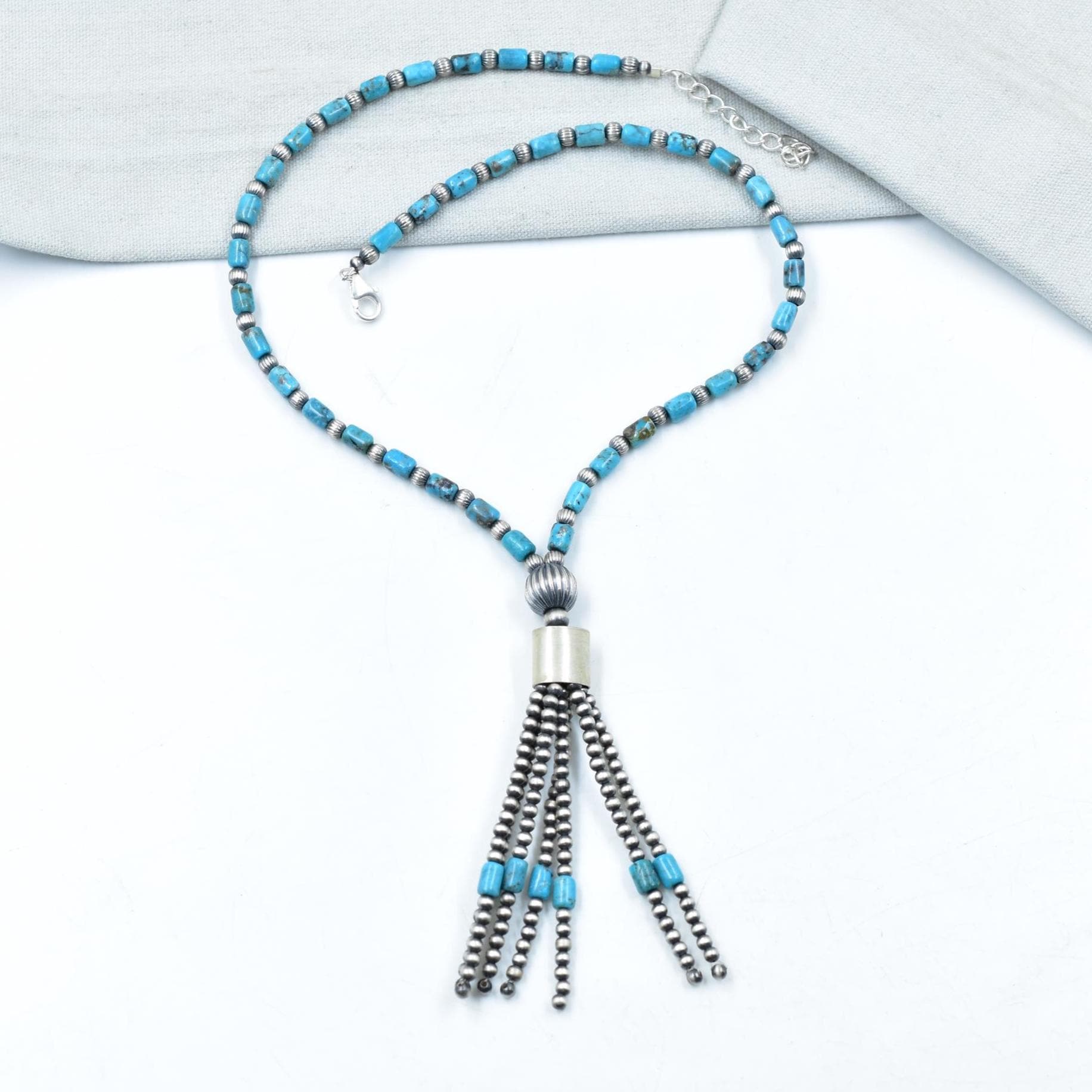 Handmade Turquoise & Sterling Silver Pearl Beaded Necklace 16'' Long