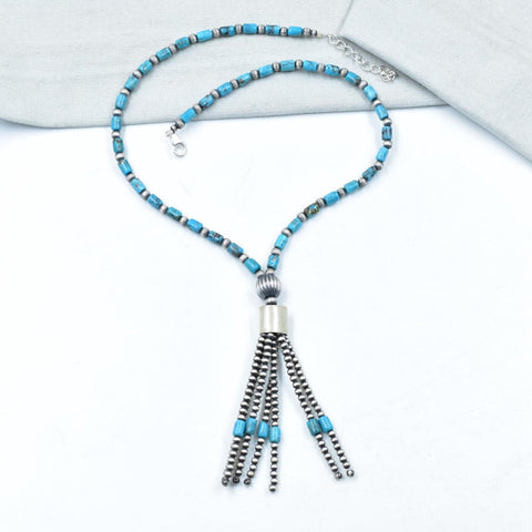 Handmade Turquoise & Sterling Silver Pearl Beaded Necklace 16'' Long