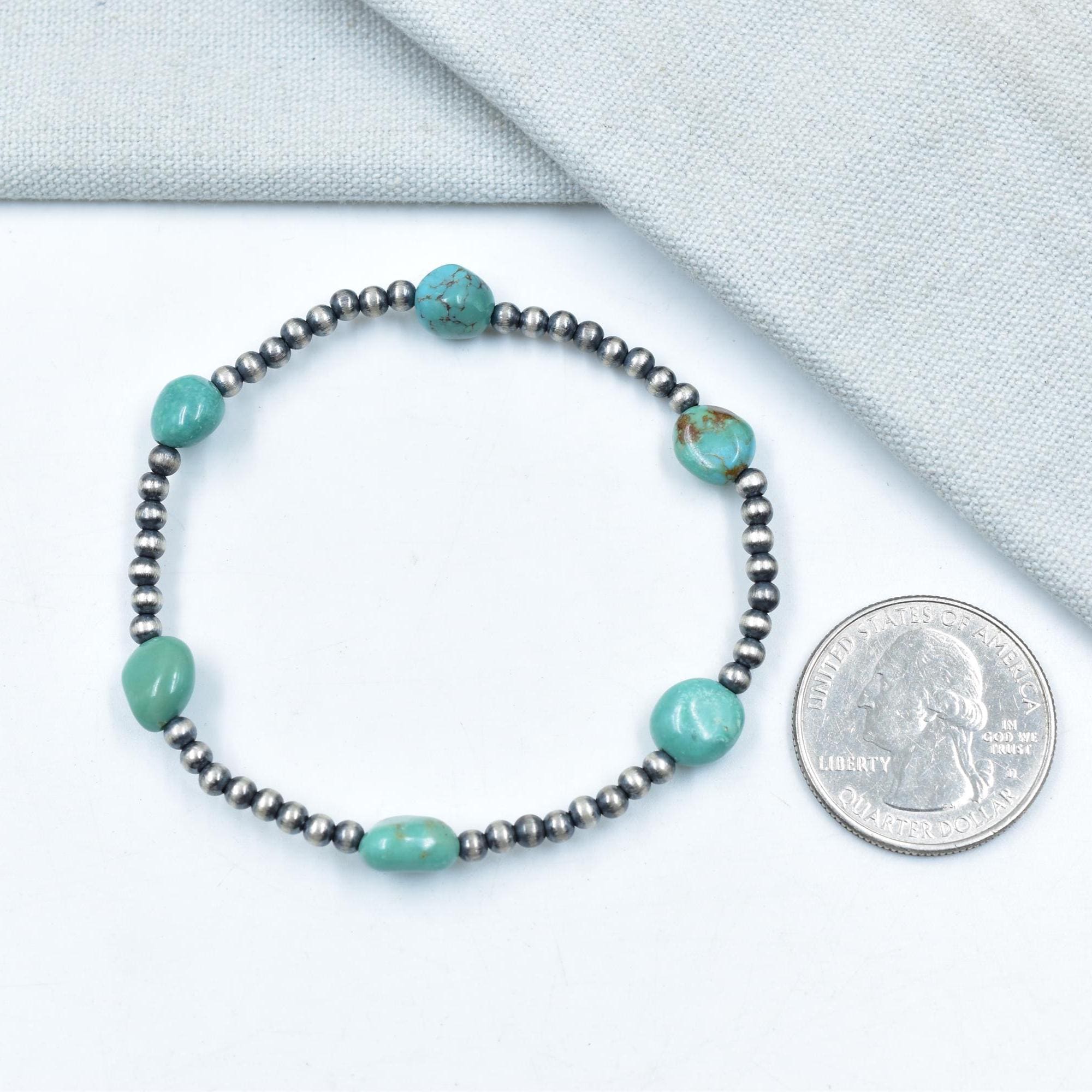 Handmade Turquoise Sterling Silver Pearls 3MM Beaded Stretch Bracelet