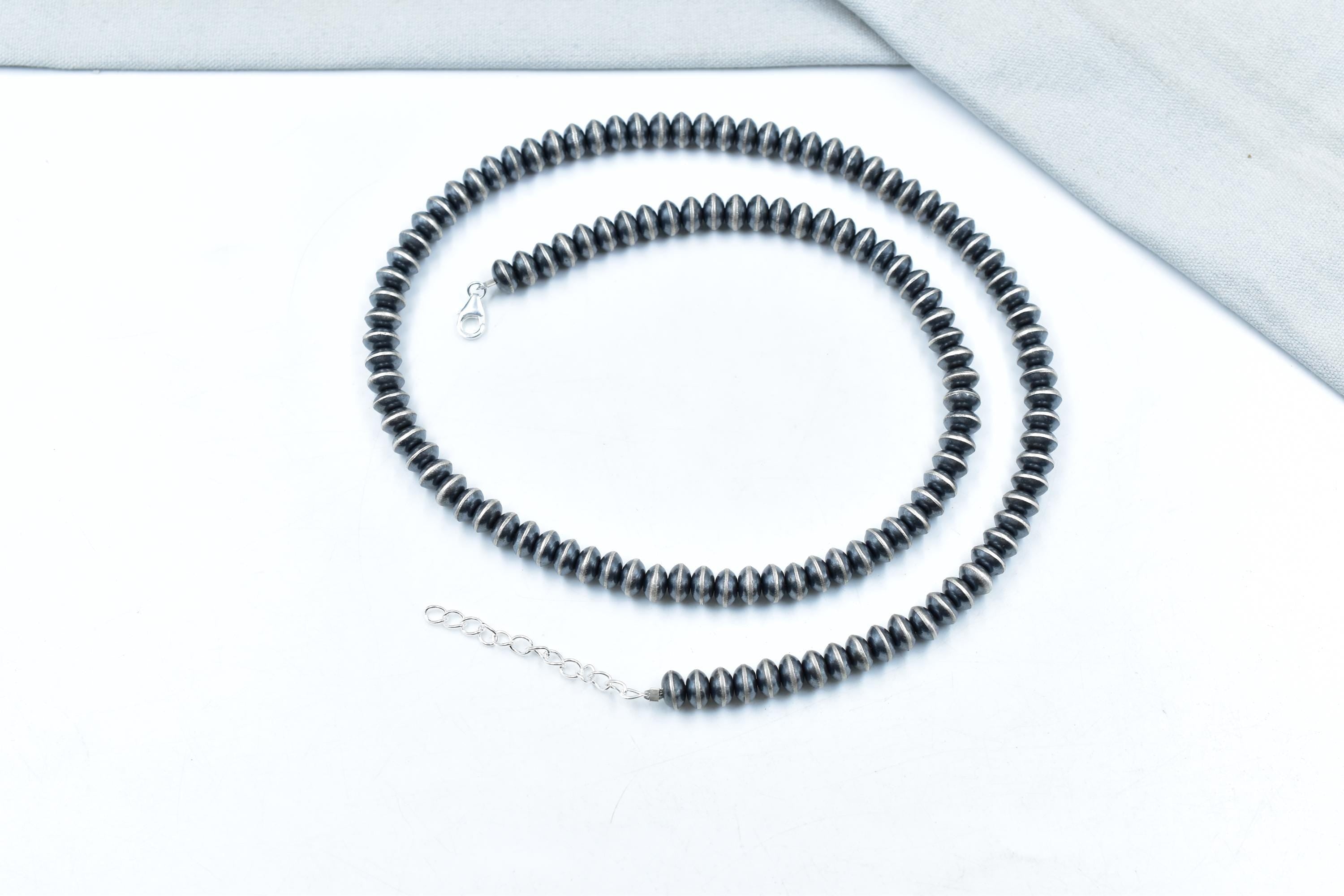 Handmade 8MM Sterling Silver Saucer Beaded Pearl Necklace 24'' Long