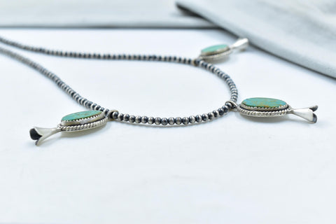 Handmade Royston Turquoise & Sterling Silver Pearl 3mm Beaded Necklace 16'' Long