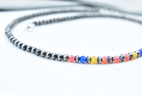 Handmade Balloon Opal & Sterling Silver Pearl 4mm Beaded Necklace 16'' Long