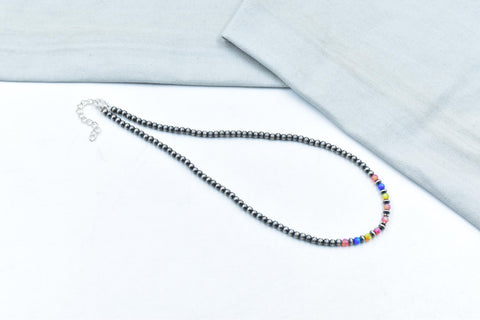 Handmade Balloon Opal & Sterling Silver Pearl 4mm Beaded Necklace 16'' Long