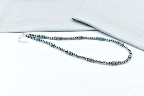 Handmade Spiny Oyster Turquoise & Sterling Silver Pearl 4mm Beaded Necklace 16'' Long