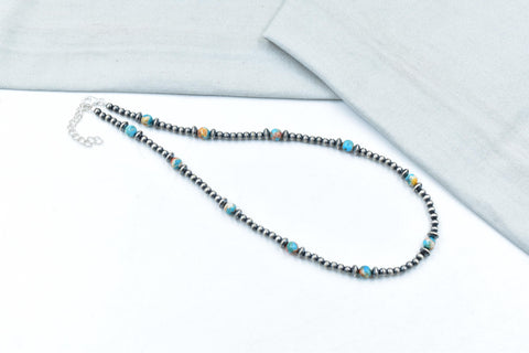 Handmade Spiny Oyster Turquoise & Sterling Silver Pearl 4mm Beaded Necklace 16'' Long