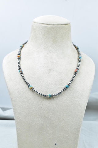 Handmade Spiny Oyster Turquoise & Sterling Silver Pearl 4mm Beaded Necklace 16'' Long