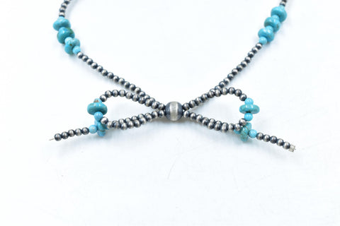 Handmade 3MM Sterling Silver Pearl Beaded Bow Necklace 16'' Long
