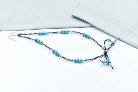 Handmade 3MM Sterling Silver Pearl Beaded Bow Necklace 16'' Long