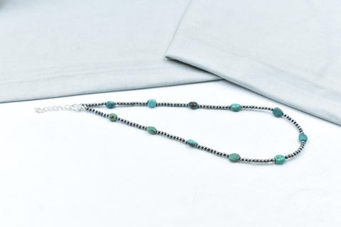 Handmade Turquoise & Sterling Silver Pearl 3mm Beaded Necklace 16'' Long