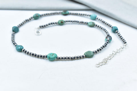 Handmade Turquoise & Sterling Silver Pearl 3mm Beaded Necklace 16'' Long