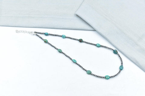 Handmade Turquoise & Sterling Silver Pearl 3mm Beaded Necklace 16'' Long