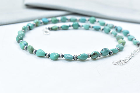 Handmade Turquoise & Sterling Silver Pearl Beaded Necklace 16'' Long