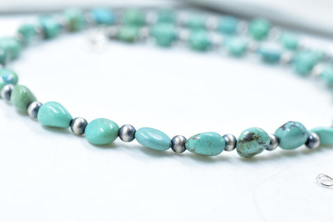 Handmade Turquoise & Sterling Silver Pearl Beaded Necklace 16'' Long