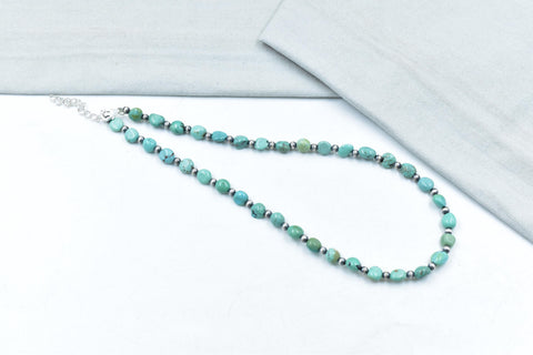 Handmade Turquoise & Sterling Silver Pearl Beaded Necklace 16'' Long