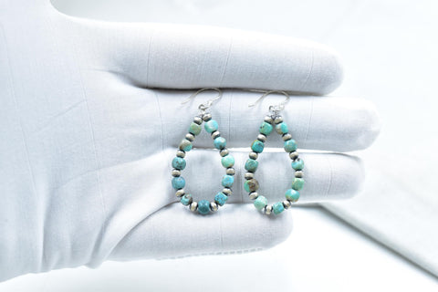 Handmade Turquoise Sterling Silver Pearls Beaded & Dangle Hoop Earrings