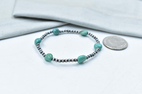Handmade Turquoise Sterling Silver Pearls 3MM Beaded Stretch Bracelet