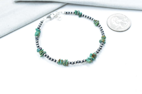 Handmade Turquoise Sterling Silver Pearls 3MM Beaded Adjustable Bracelet