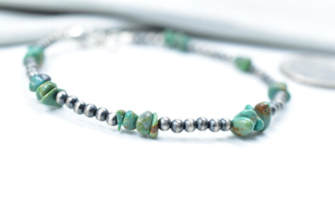 Handmade Turquoise Sterling Silver Pearls 3MM Beaded Adjustable Bracelet