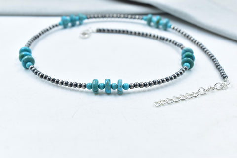 Handmade Turquoise & Sterling Silver Pearl 3mm Beaded Necklace 16'' Long
