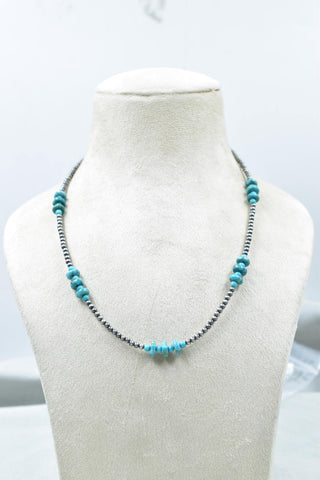 Handmade Turquoise & Sterling Silver Pearl 3mm Beaded Necklace 16'' Long