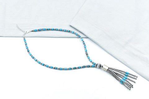 Handmade Turquoise & Sterling Silver Pearl Beaded Necklace 16'' Long