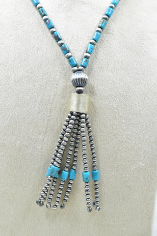 Handmade Turquoise & Sterling Silver Pearl Beaded Necklace 16'' Long