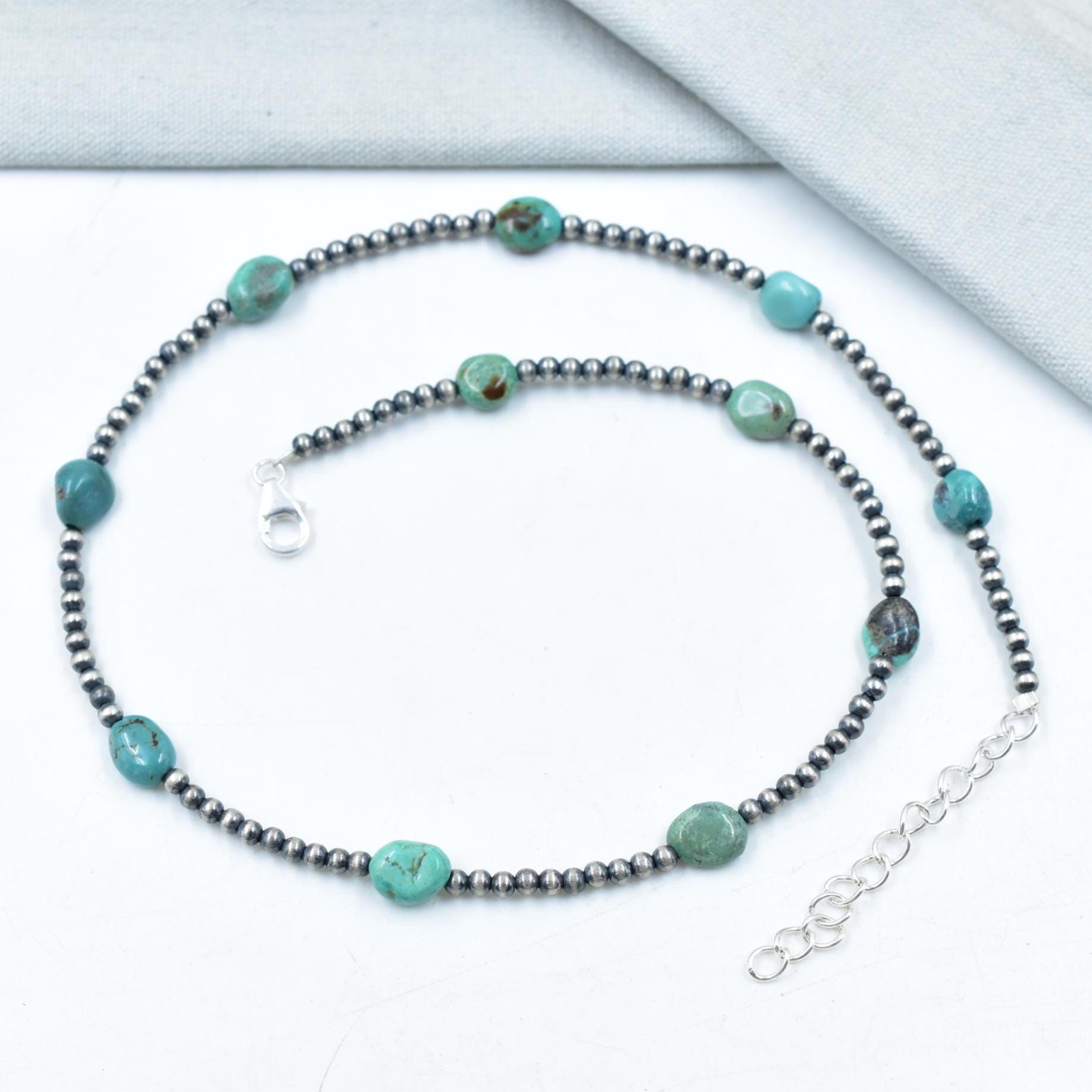 Handmade Turquoise & Sterling Silver Pearl 3mm Beaded Necklace 16'' Long