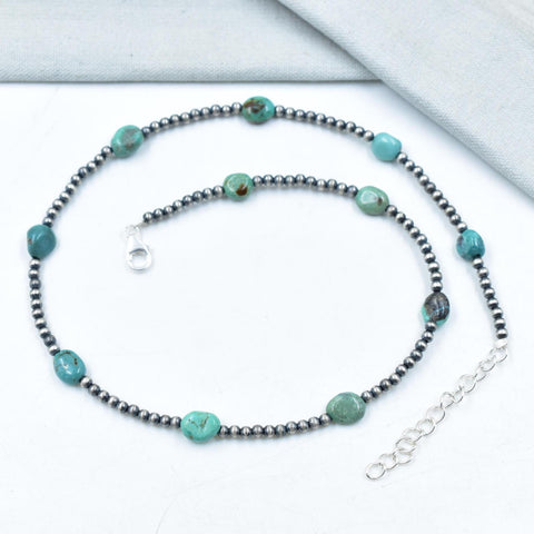 Handmade Turquoise & Sterling Silver Pearl 3mm Beaded Necklace 16'' Long